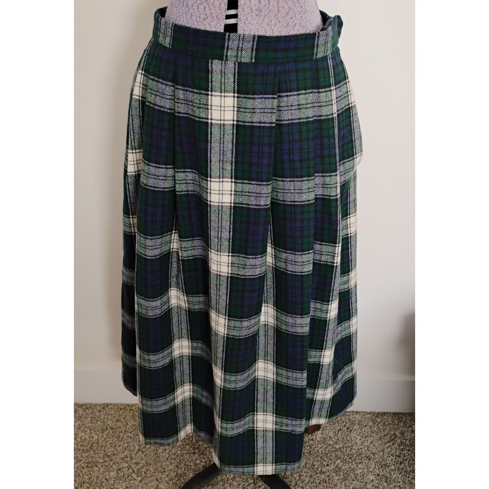 Vtg Wool Plaid Pleated Skirt Women's Navy Green White English Academia 6